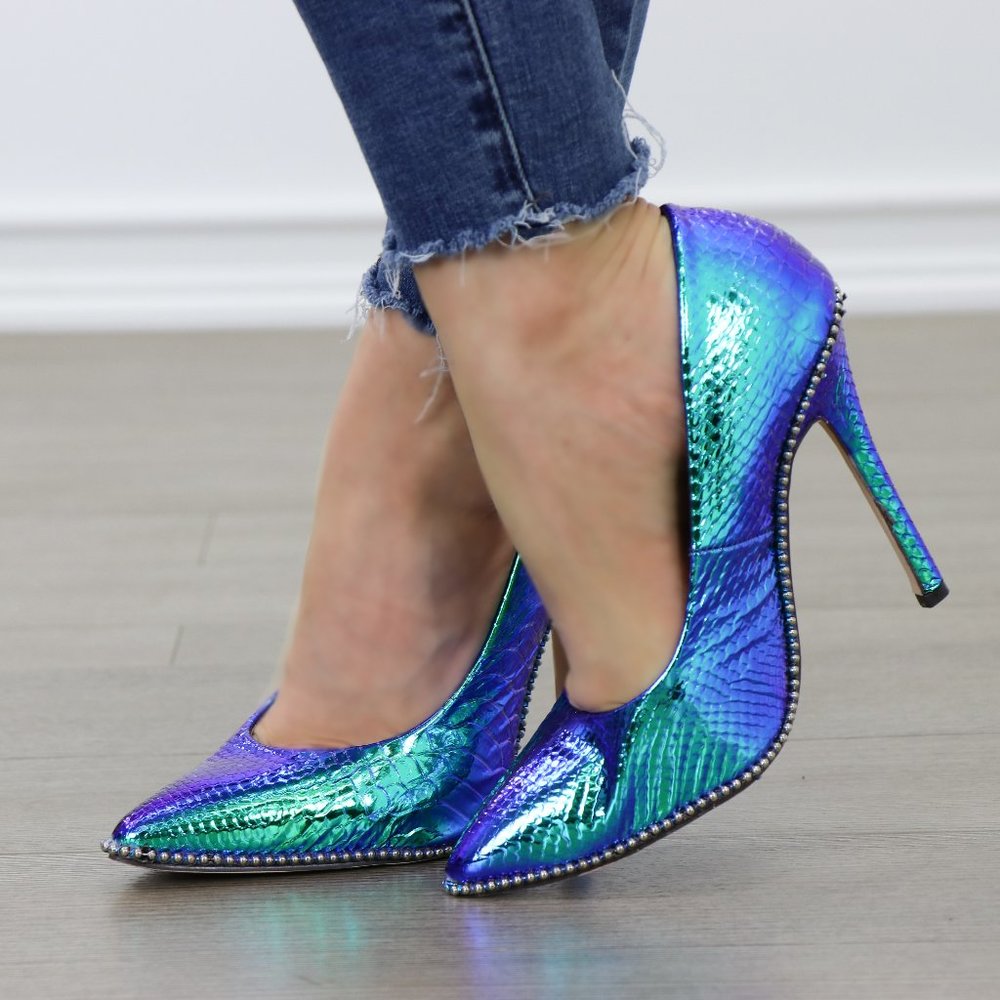 Mermaid Blue Green High Heel Pumps With Studs - Picture 2 of 8